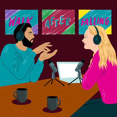 Podcasters couple drawing illustration man and woman podcast podcast art podcasters