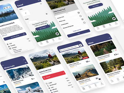 Trail - Discover Trails & Parks - All Screens (2 of 2) app app design appdesign cards hiking lists nature outdoors search search bar sheet slideout trails ui ux ux design uxui