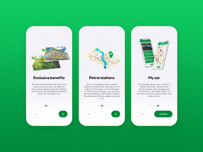 Onboarding screens android application car clean ui design flutter green ios iphone mobile design mobile ui modern natural onboarding screen onboarding ui petrol trip ui ux