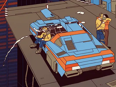 Farewell building car city cloud dog flying girl goodbye illustration motor night smoke