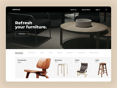 Furniture Website beige chair dark furniture hardware landing menu minimal natural shop shopping soft stool table ux uxui web webdesign webdesigner white