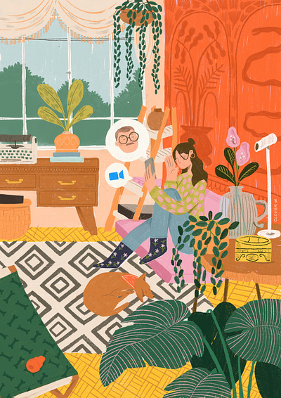 Quarantine time color covid19 house illustration zoom