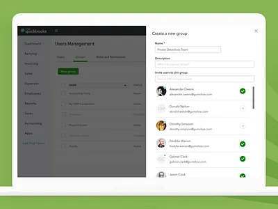 QuickBooks Online — User Management — Groups checkboxes design exploration drawer flat design interaction design intuit quickbooks quickbooks online roles and permissions side panel ui ui patterns user groups user management ux visual exploration web app