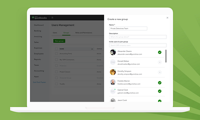 QuickBooks Online — User Management — Groups checkboxes design exploration drawer flat design interaction design intuit quickbooks quickbooks online roles and permissions side panel ui ui patterns user groups user management ux visual exploration web app