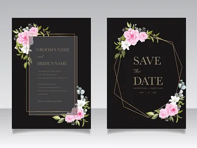 Wedding invitation template set with pink floral and gold border background border bridal card celebration design drawing flower frame greeting illustration invite luxury pink set template vector vintage watercolor wedding