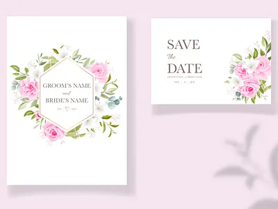 Beautiful wedding invitation template set with soft pink floral background border bridal card celebration design drawing flower frame greeting illustration invite luxury pink set template vector vintage watercolor wedding