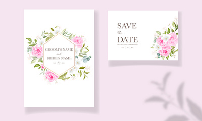 Beautiful wedding invitation template set with soft pink floral background border bridal card celebration design drawing flower frame greeting illustration invite luxury pink set template vector vintage watercolor wedding