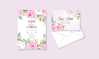 Wedding invitation template set with soft pink floral and leaves arrangements background border card celebration design drawing flower greeting illustration invitation pink rose set soft template vintage wedding weddings white