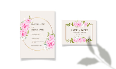 Wedding invitation template set with soft pink floral and leaves arrangements background border card celebration design drawing floral flower illustration invitation leaves pink rose set soft template vintage watercolor wedding