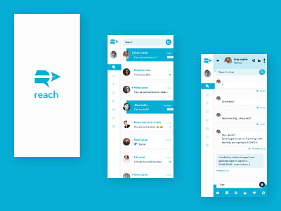 reach - instant message app blue app instant message list message app paperplane logo search bar side menu unread message