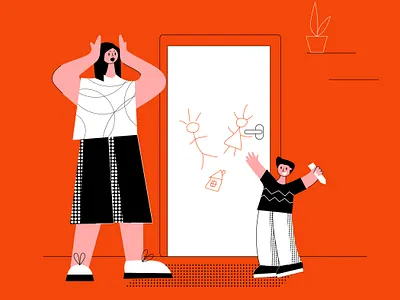 Drawing on the wall angry boy child difficult disturb drawing education family flat frustrated illustrator mother naughty parent parenting problems sad skoda son woman