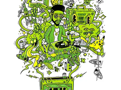 Hot Jams art caos character design characters color dj green illustration ilustración ipadpro jams music musica party procreate radio records sneakers spraycan weed