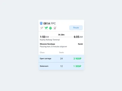 Train route card for a ticket reservation app. Take 1. card ui flat flat card railways reservation ticket train ui