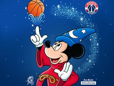 Disney NBA Mascots - Sorcerer Mickey basketball blue disney disney crossover disney world disneyland illustraion magic mascot mascot art mystical nba nba finals red sorcerer stars washington wizard wizards