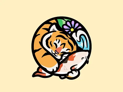 Tiger & Koi animal animal logo cute asian culture illustration branding cute cute fun character icon identity illustration koi koi logo logo round nature symbol tiger tiger koi playful tiger logo