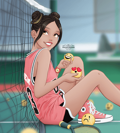 Emoji Party art buns cute digital digital art draw drawing emoji girl illustration pink sports tennis