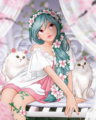 Blossom Day angel art bloom blossom cats digital digital art draw drawing girl illustration pink spring