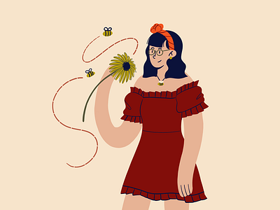 Bumble Bee art bee bob bumble bee character design doodle draw drawing dress fashion flower girl hair scarf illustration procreate sketch sunflower