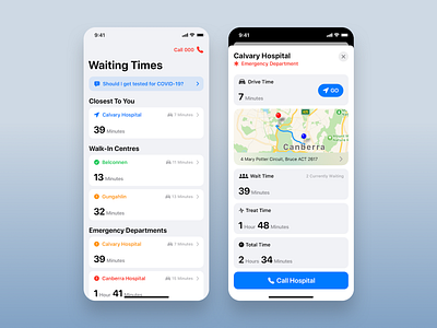 ACT Health App • Hospital Waiting Time act app canberra coronavirus covid 19 crisis department directions doctor emergency health healthcare hospital map medical mobile redesign time ui waiting