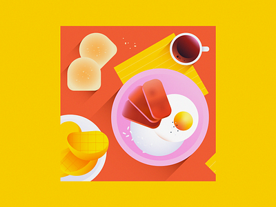 Filipino breakfast 2d bread breakfast coffee egg filipino flat food fruit illustration mango mangoes minimal pan de sal philippines plate rice spam spamsilog vector