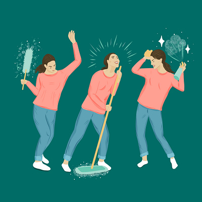 Cleaning as stress relief cleaning editorial illustrator illustrators people vector woman