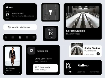 NYFW Design Components Dark Theme apps black and white calander card design clean ui dark theme dark ui events flat design gallery home icons design location search shows swipe tabbar title ui design user interface design