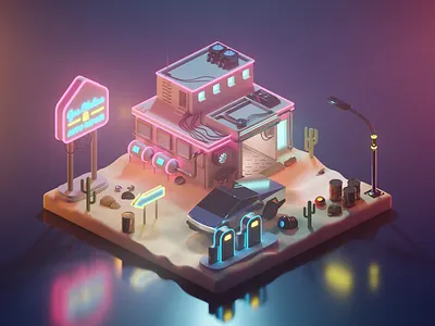 Cyberpunk Gas Station & Auto Repair Shop 3d art blender design illustration isometric lighting low poly lowpoly render