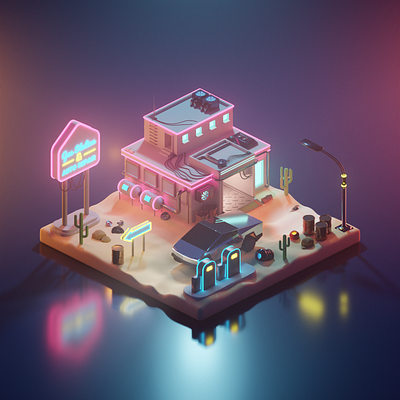 Cyberpunk Gas Station & Auto Repair Shop 3d art blender design illustration isometric lighting low poly lowpoly render