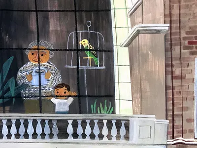 grandma + boy + bird in window art character design color gouache illustration painting