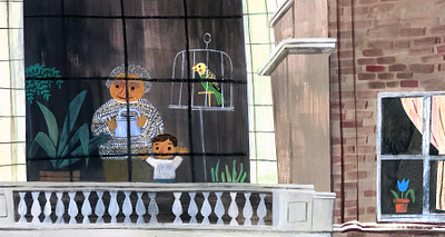 grandma + boy + bird in window art character design color gouache illustration painting