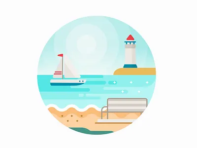 Beach day beach bench boat grass highlight illustration lake lighthouse rays rocks sand shore sun vector water
