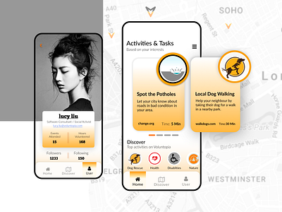 Voluntopia - branding design iphonex mobile app design orange ui uidesign