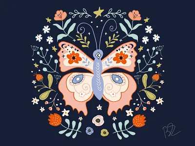 Buterlfly Folk butterlfy cute design flower flowers folk folk art handdrawn homedecore homeimprovment illustration illustrator moon pattern star stationery design vector
