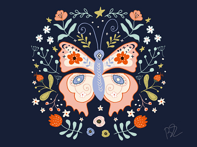 Buterlfly Folk butterlfy cute design flower flowers folk folk art handdrawn homedecore homeimprovment illustration illustrator moon pattern star stationery design vector