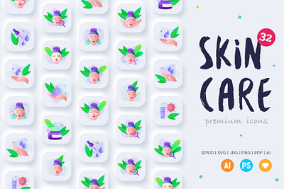 Skin Care | 32 Icons Set Hand Drawn cleansing cleansing foam cream dropper facial hand icon icon design icon set icons icons design icons set mask moisturizer sheet sign skin care toner toning under eye patches