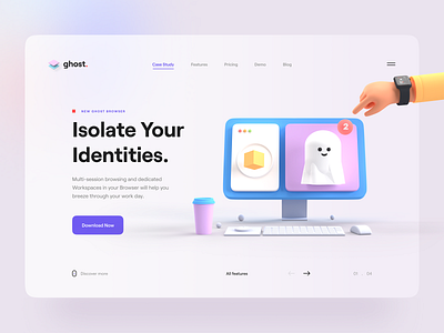 Ghost 👻 3d 3d character 3d design 3d illustration app browser clean coffee desktop ghost hero header illustraion minimal render typography ui ui design ux ux design web