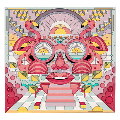 44e4ed82329717 5df379444e6ea circuit cubisme dog flamingo geometric art illustration sunset vector yoaz