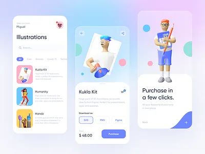 Illustration Shop — App Concept 3d 3d illustration app blur branding cards checkout clean dashboard fade flat gradient illustration ios mobile search shop store ui ux
