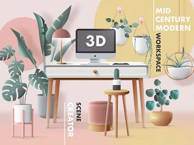 3D Workspace Scene Creator 3d 3d illustration 3d scene 3d scene creator 3d workspace colorful header image mid century mid century modern office space retro office ui vector vector illustration web illustration work from home