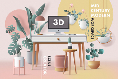 3D Workspace Scene Creator 3d 3d illustration 3d scene 3d scene creator 3d workspace colorful header image mid century mid century modern office space retro office ui vector vector illustration web illustration work from home