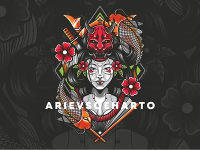 Geisha and The Koi Fish apparel clothing demon fish geisha illustration japan japanese koi oni tees tshirt