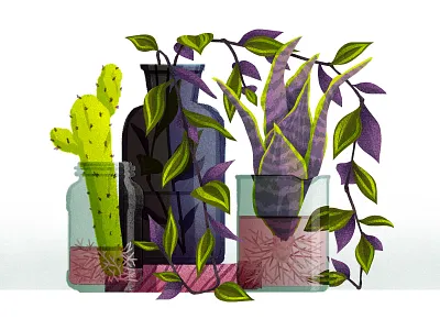 Propagation brushes cactus cuttings drawing foliage glass graphic illustration plants propagation roots succulations texture vines vintage