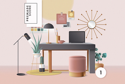 3D Workspace Scene Creator 3d 3d illustration 3d workspace colorful colors design geometric header mid century mid century modern office space retro illustration ui vector web illustration work from home