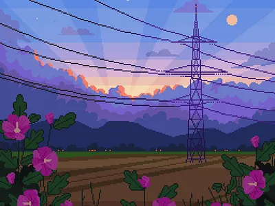 Fields background fields flowers gradients hibiscus illustration landscape mellow moody pixelart scenery sunset