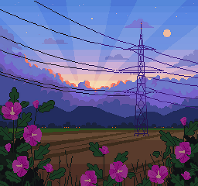 Fields background fields flowers gradients hibiscus illustration landscape mellow moody pixelart scenery sunset