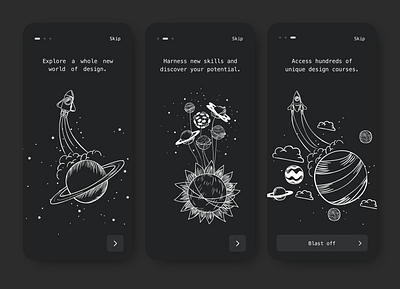 Onboarding - Dark Theme app appdesign dark darktheme minimal mobile onboarding space ui uichallenge ux