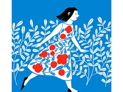 Summer dress black blue digital illustration flowers garland illustration movement plants red white