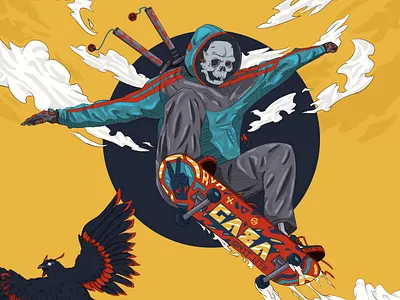 Skating "fly away" bird character digital art illustraion skate skull