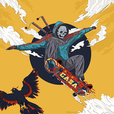 Skating "fly away" bird character digital art illustraion skate skull