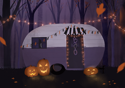 Creepy Camper camper camping digital illustration fall forest ghost halloween hand lettering illustration jack o lantern procreate pumpkin spooky